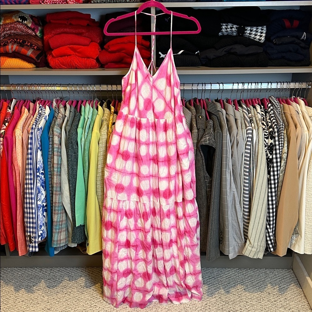Maeve pink/white polka dot lined sleeveless v neck 2 pocket maxi dress size S